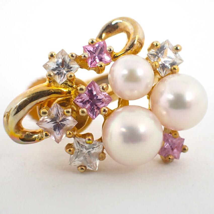 [Pre-owned] JUNET 750YG Akoya Pearl (Pink White Pearl) Pink/White Sapphire Earrings/j54-4