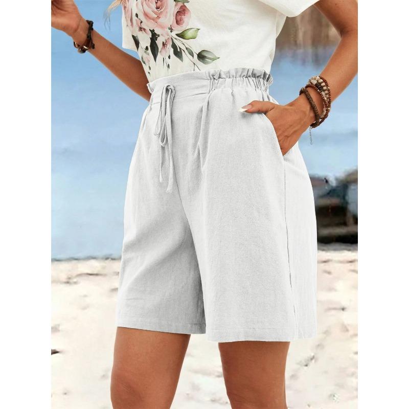 Women's Spring Summer Linen Solid Color Shorts Casual Sports Women's Shorts Three-quarter Pants with Drawstring Shorts