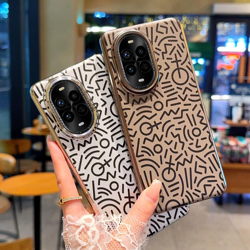 For Huawei Nova 13 13 Pro 12 Plated Graffiti Large Hole Metal Lens Ring Anti-Fingerprint Anti-Drop Phone Case