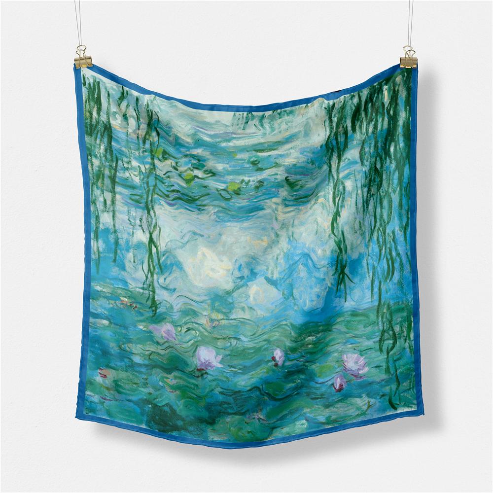 POBING Twill Silk Scarf Women Oil Painting Square Scarves Wraps Bandana Small Hijab Lady Foulards Tie Headband Neckerchief 53CM