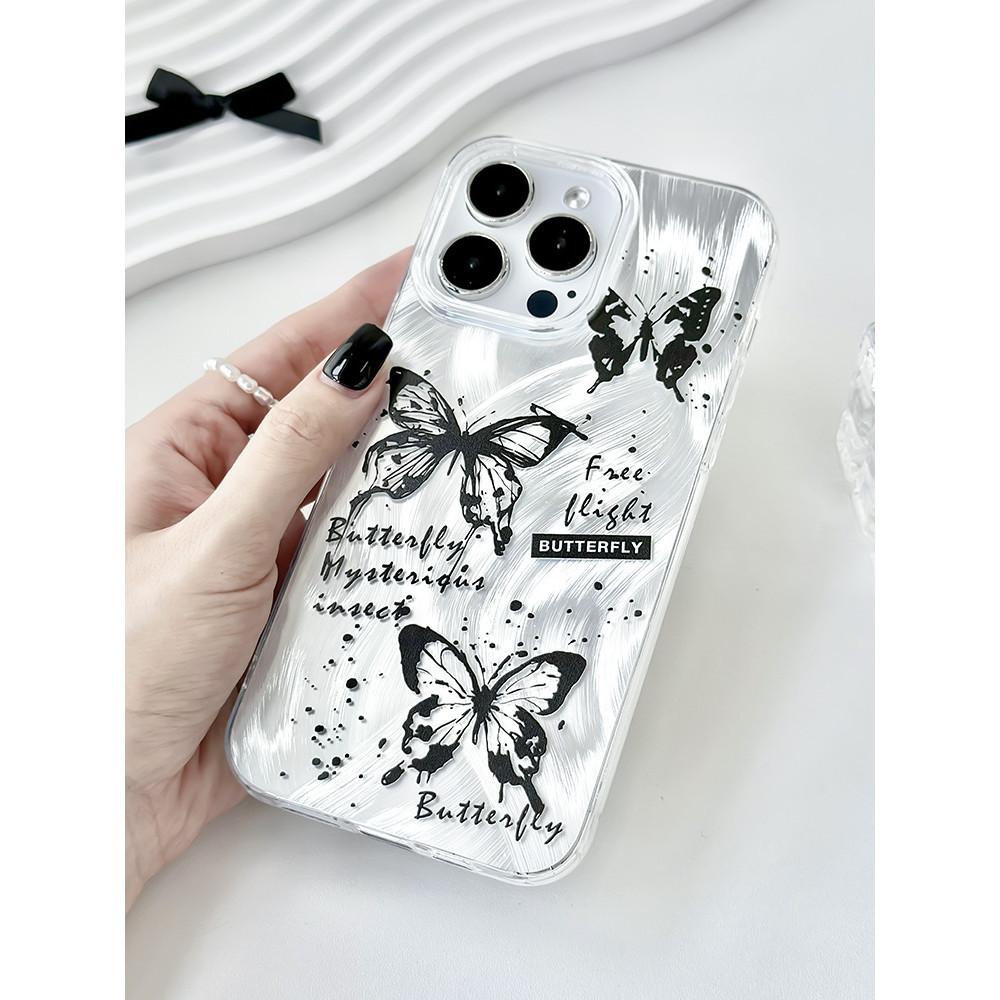 Large Hole Transparent Phone Case Compatible and Suitable for iPhone15 14 13 12 11promax xsmax xr 7 8plusSE Elegant Black Butterfly