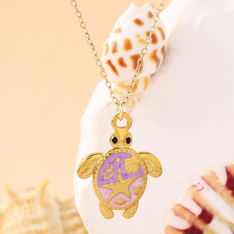 Stainless Steel Bohemian Blue Sea Turtle Oil Drop Pendant Necklace, Hawaiian Marine Life Beach Vacation Clavicle Chain