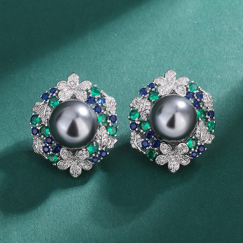 Platinum Grey Pearl Ring Tahiti Deep Sea Emerald Zircon Flower Necklace Earnail Set Jewelry Women