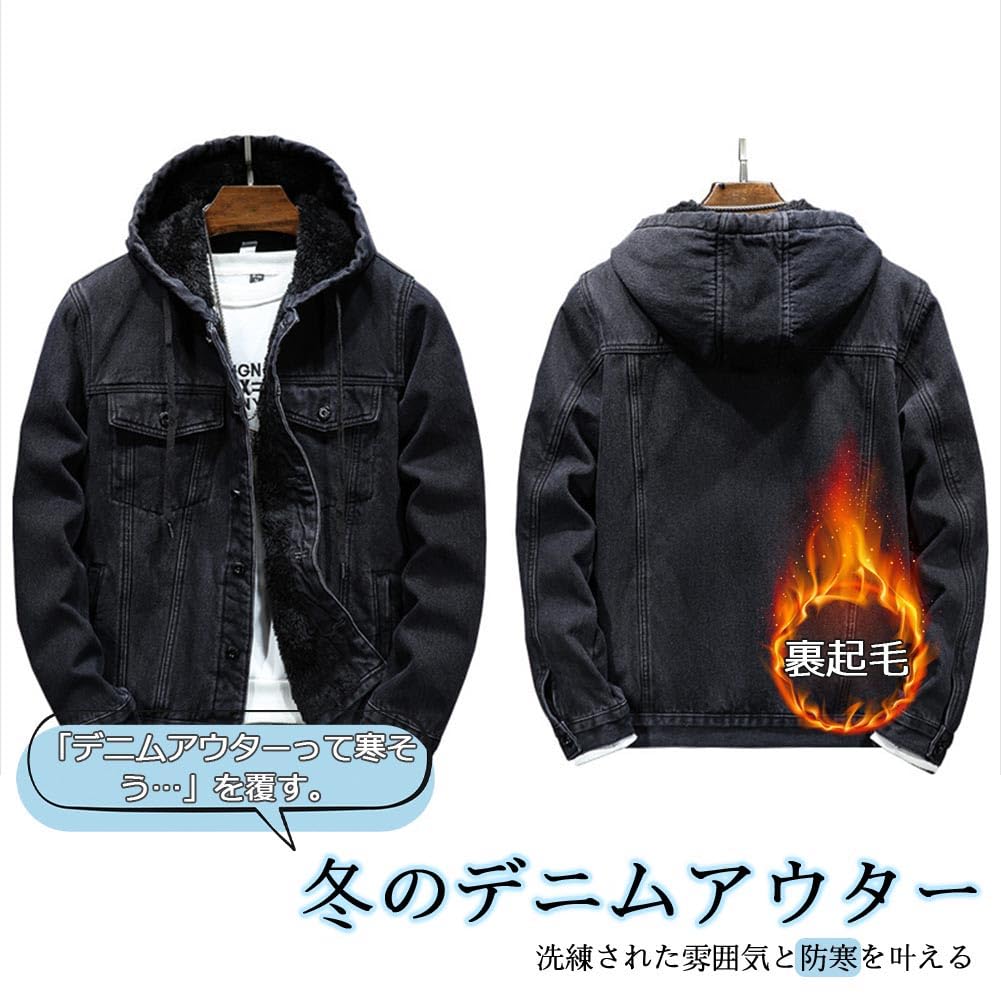 QJCLEAN Winter Denim Loose Plus Thick Denim Cold Weather Korean Street Dark Blue Men's Fleece-Lined Jacket, Hooded, Fit, Sizes, Black, Coat,