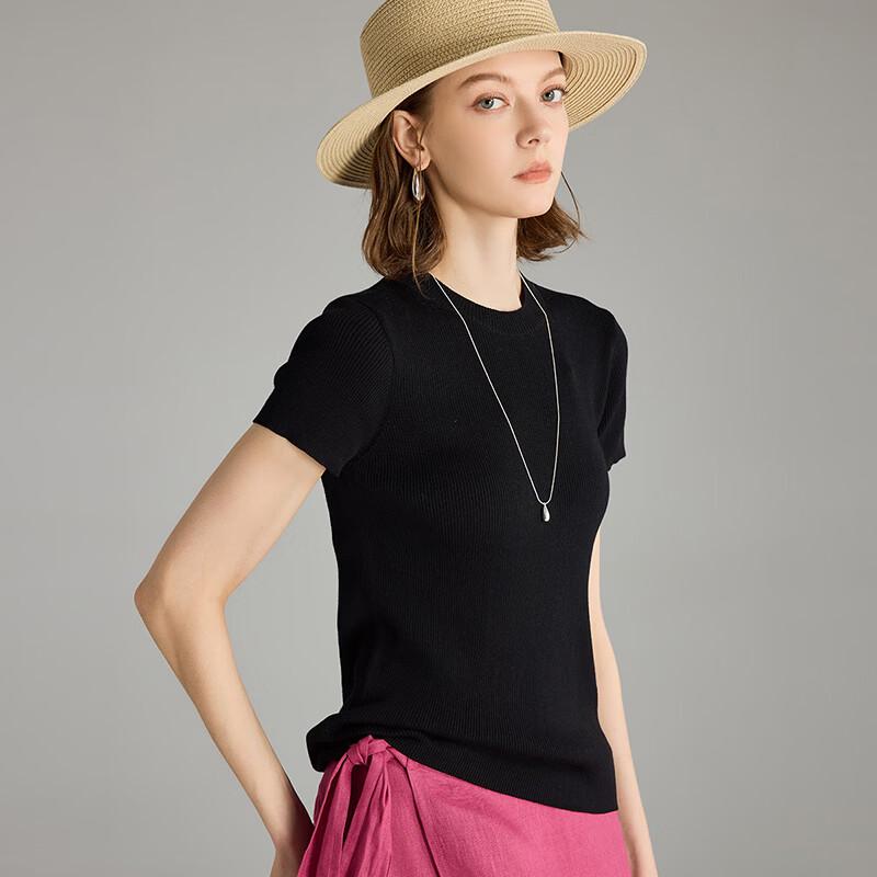 Wudao Mulberry Silk & Linen Blend Rib Knit Short Sleeve T-shirt