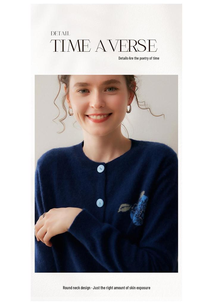 Women's Blueberry Embroidered Cashmere Cardigan, Autumn/Winter 2026 Edition, Round Neck, Short Jacket in Gentle Style