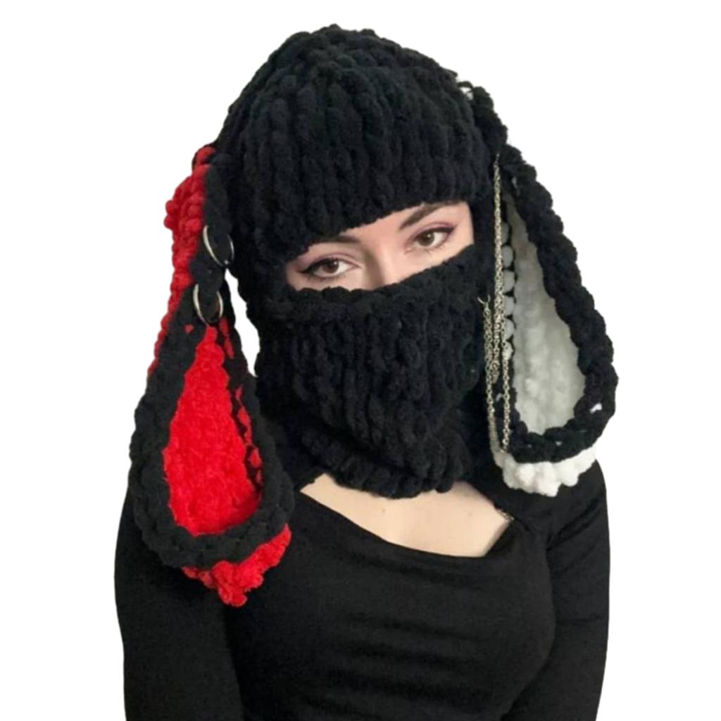 Knitting Balaclava Cap for Women Adult Rabbit Ear Beanie Hat Handmade Face Cover Hat Crochet Hooded Hat for Outdoor Ski