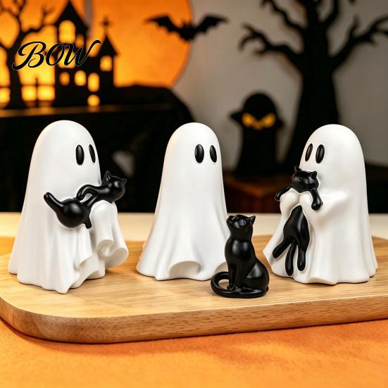 Miniature Ghost And Cat Craft Halloween Ornament, Hugging A Black Sculpture, Whimsical Figurine Resin Unique Figurine, for Home Bedroom Entrance