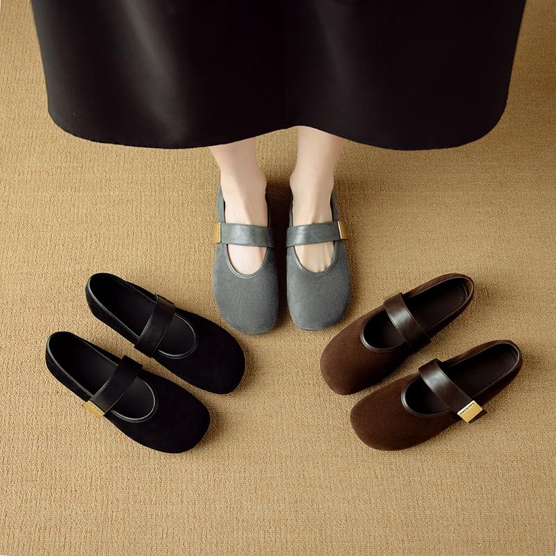 Fashion Women's new leather sheepskin round head metal belt buckle, low heel, large size, soft and comfortable Mary Jane single shoe
