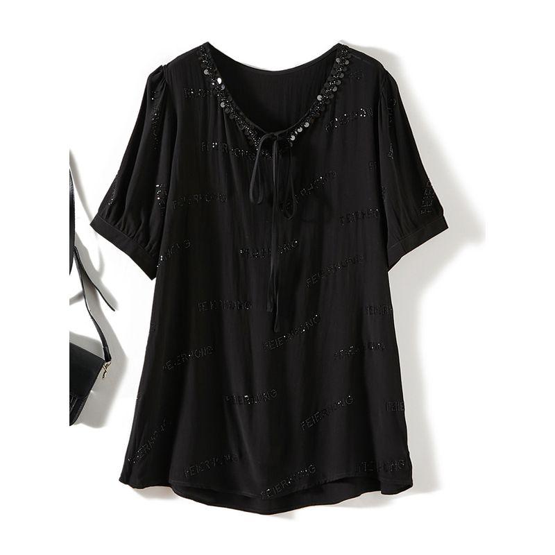 European Trendy Large Version Tops! Women's Washed Ramie Cotton Water Soluble Diamond Sequin Mixed Lace up Peter Pan Collar T-shirt Summer