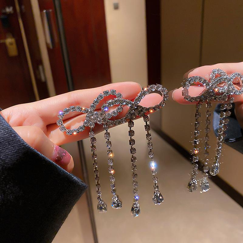 Fashion Long Tassel Full Rhinestone Drop Earrings for Women Bowknot Crystal Dangle Earrings Jewelry Gifts
