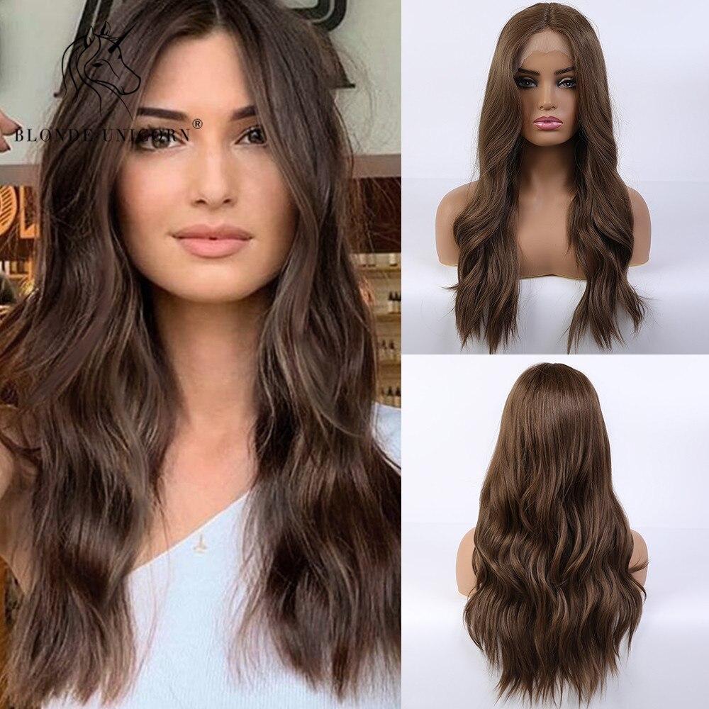 BLONDE UNICORN Krajková část Syntetická Dlouhá vlnitá paruka Hnědé kořenové Ombre Blond vlasy Paruky pro černé bílé ženy Denní vlasy