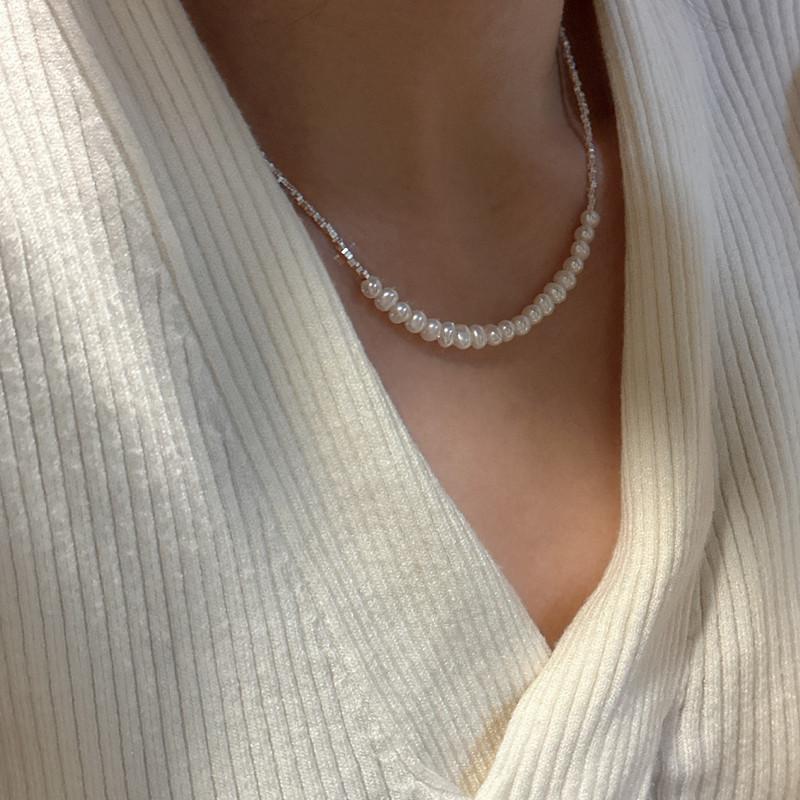 S925 Sterling Silver Fashion Pearl Broken Silver Necklace Korean Style Simple Fashion Collarbone Chain