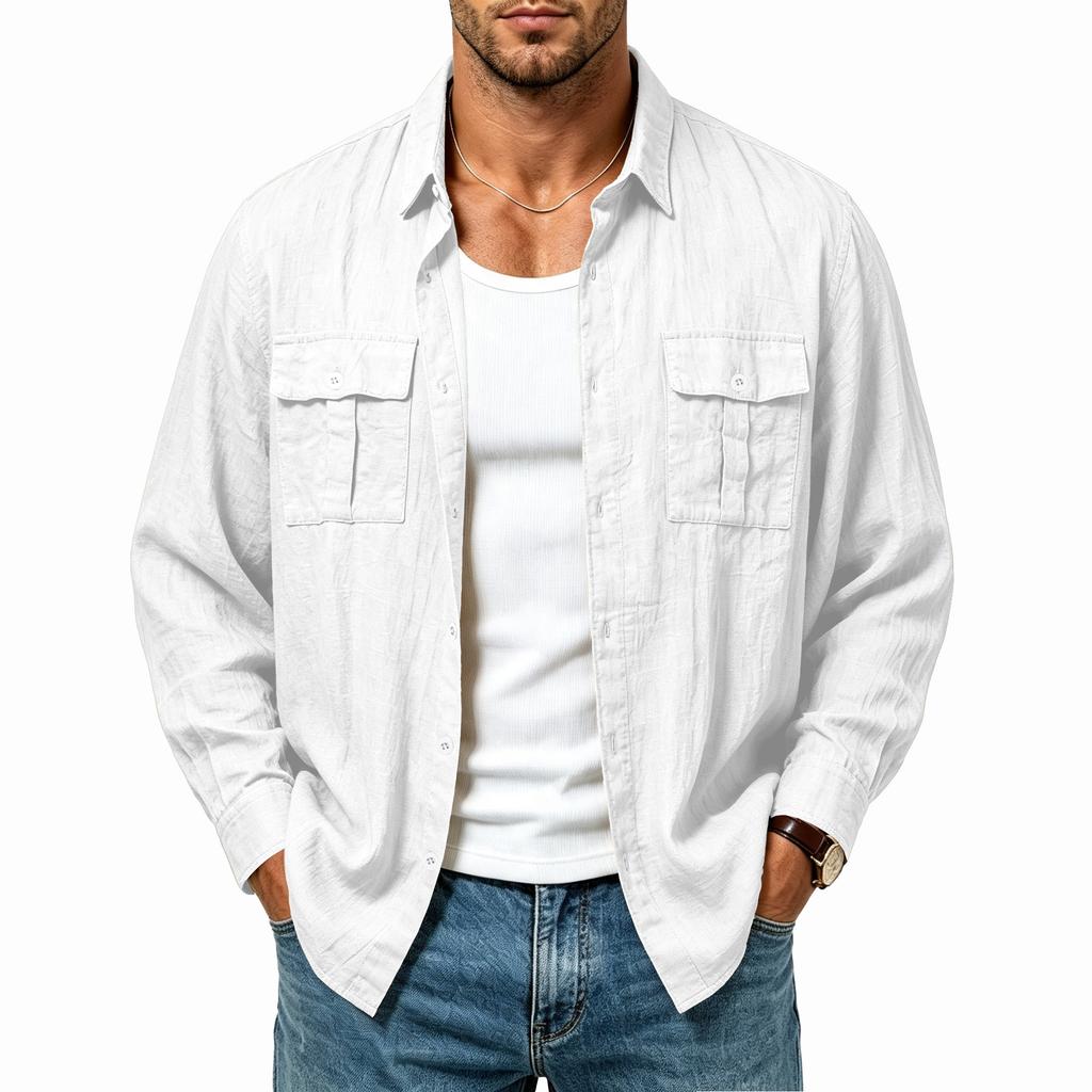 Men’s Linen Multi-Pocket Jacket; Fashionable, Holiday-Style, Relaxed-Fit, Long-Sleeved Shirt with Turn-Down Collar