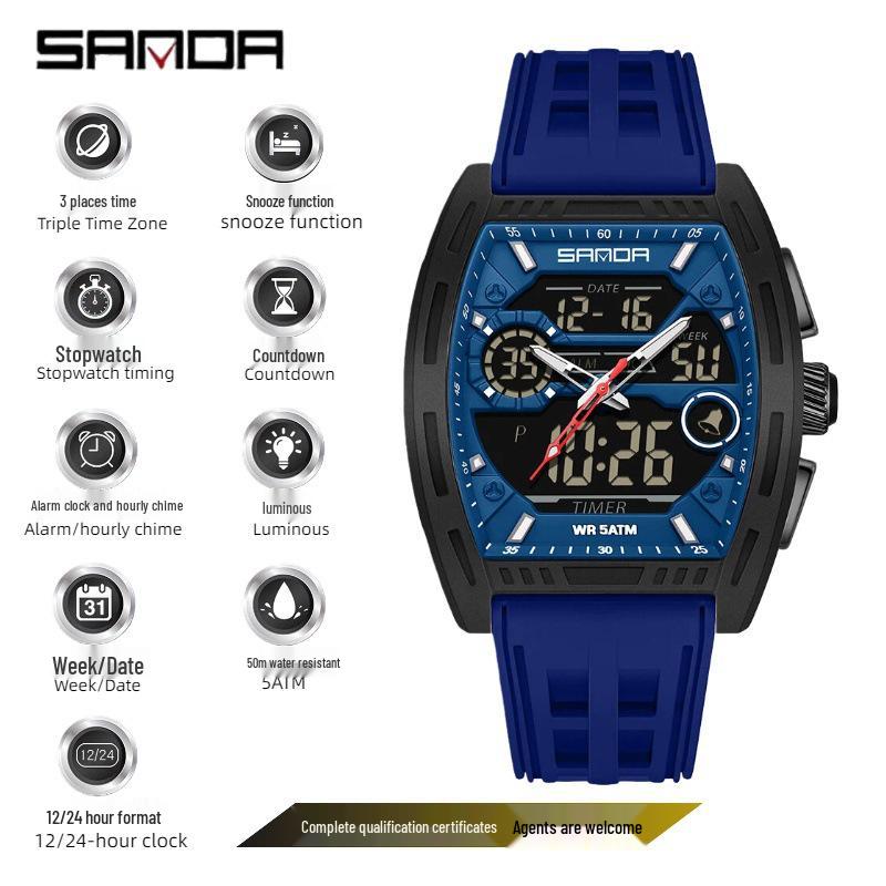 SANDA Men's Waterproof Luminous Sports Watch - Countdown & Multifunctional Barrel-Shaped Electronic Watch with Large Dial