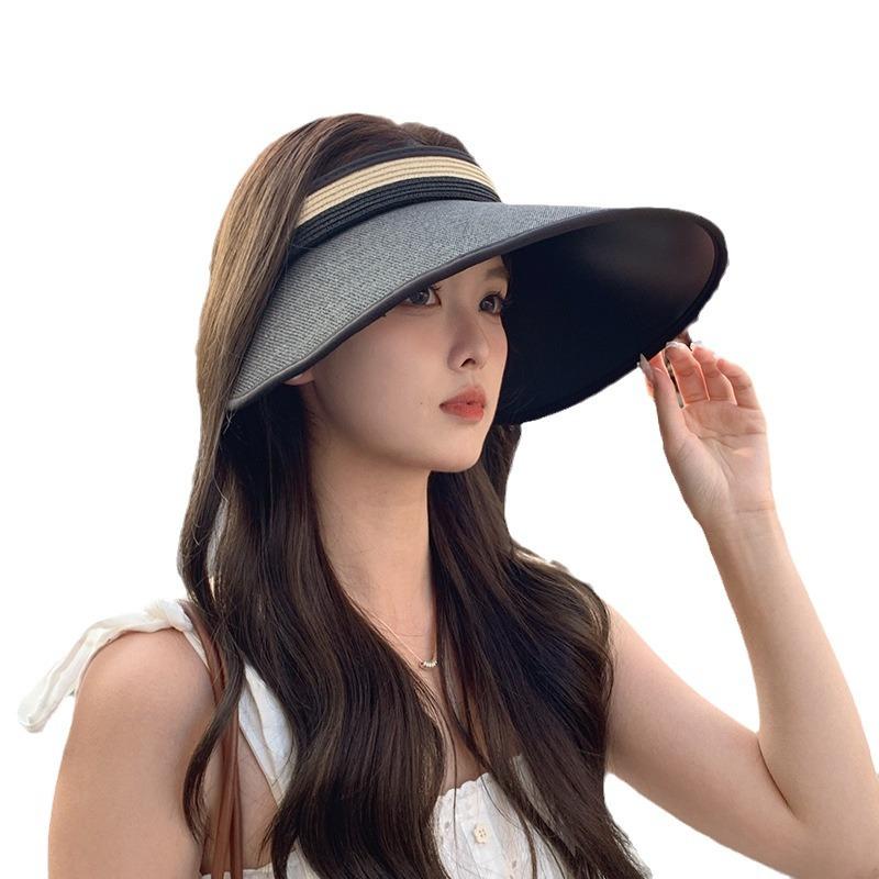 Wide-brimmed open-top straw hat for women, summer travel UV protection sun hat, beach straw woven black-coated sunscreen hat