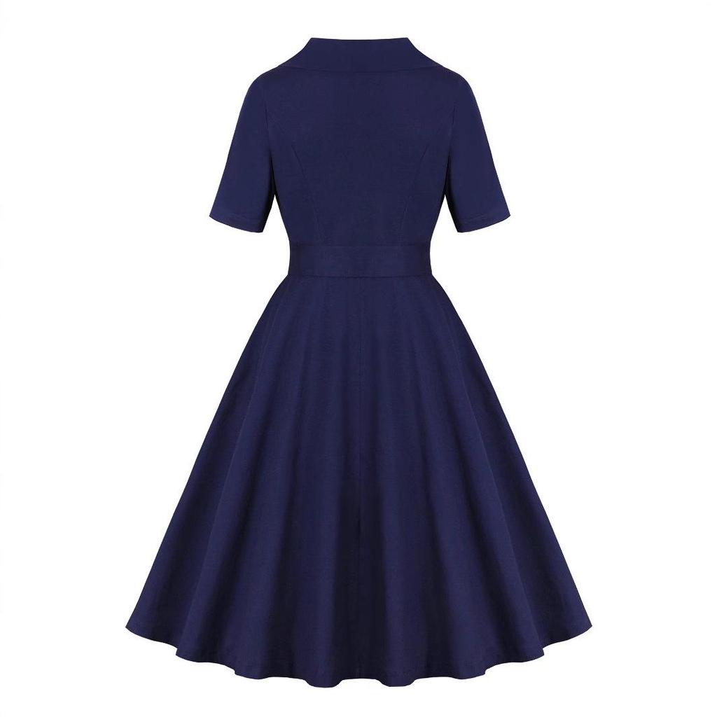 Europäisches & Amerikanisches Damen Retro Mid-Sleeve Umlegekragen Einfarbiges Kleid mit Taschen