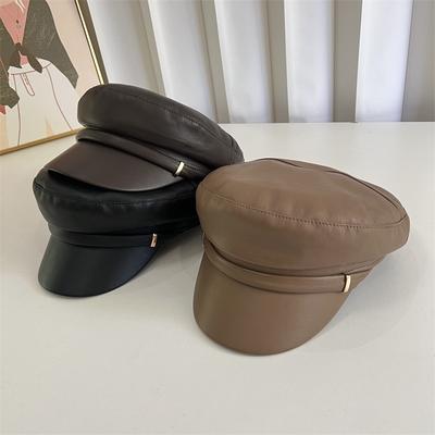New Retro PU Leather Octagonal Hat Children's Spring and Autumn Literary Temperament Versatile Flat Top Face Small Navy Hat