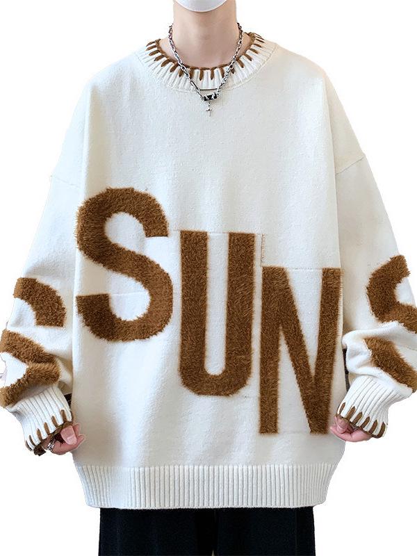 Men's Thickened Round Neck Letter Knit Sweater - Autumn/Winter Casual Jacquard Pullover