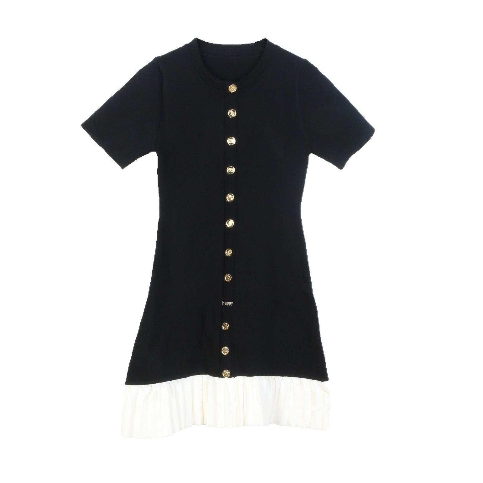 

French-Inspired Color-Block Pleated Dress - Slimming, Short-Sleeve, Round Neck, Single-Breasted Design Large