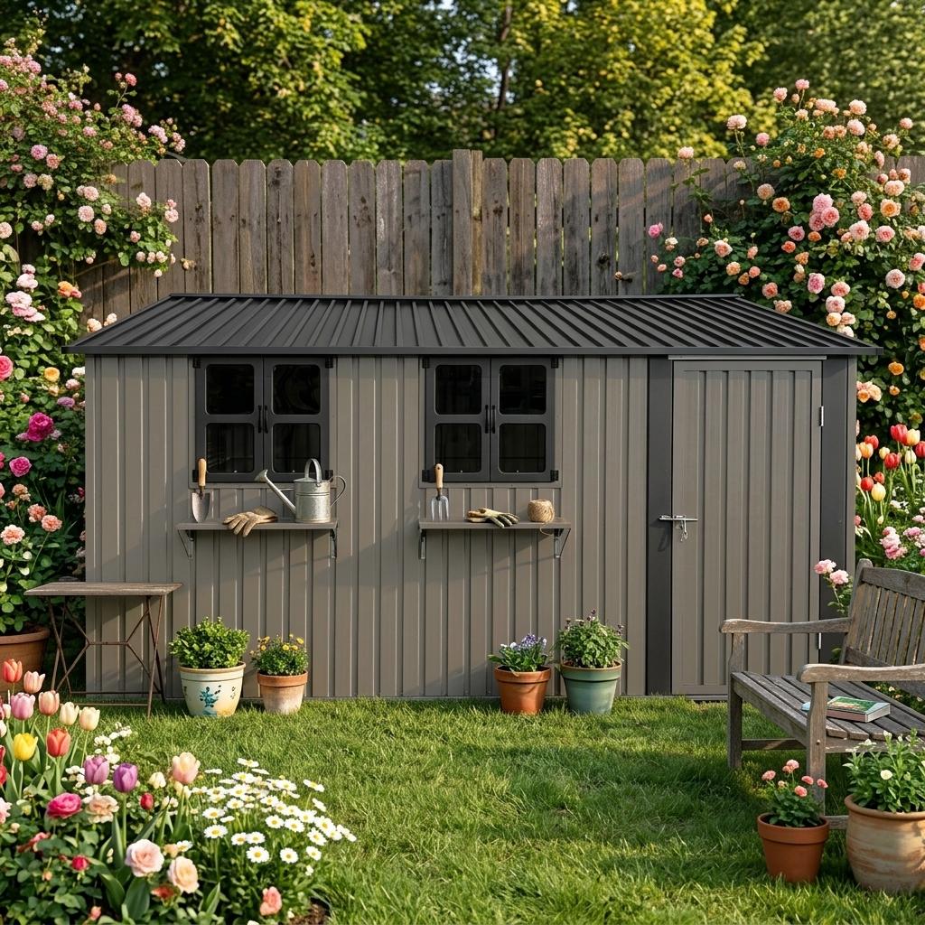 Galvanized Steel Garden House 359.4 cm x 284.2 cm (10.21 m²), Brown, with 3 Openable Windows, Lockable Double Doors and Flower Rack