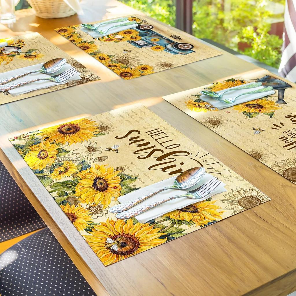 pinata Sunflower Linen Square Spring Placemats Set of 6, Sunflower Kitchen Decor, Vintage Spring Summer Sunshine Gnome Truck Table Mats for Farmhouse