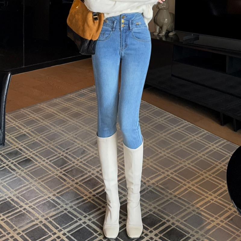 High-waisted Tight-fitting Small-footed Jeans for Women's Winter, New Velvet-breasted Pants with Belly and Hips, Pencil Boots.