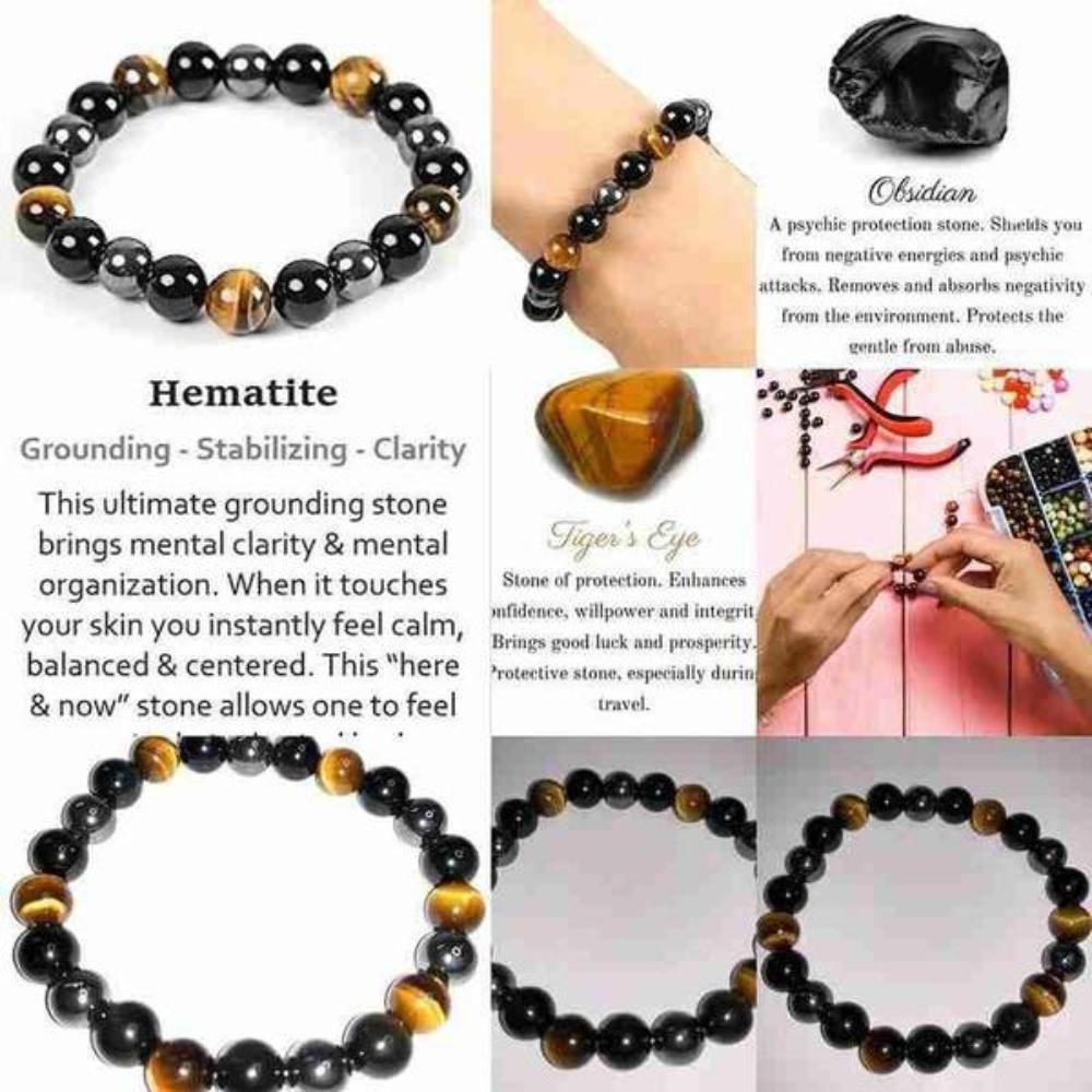 Bracciale in pietra naturale da 8 / 10MM Occhio di tigre Protezione tripla semi Ematite e bracciale in ossidiana nera Coppia regalo di gioielli