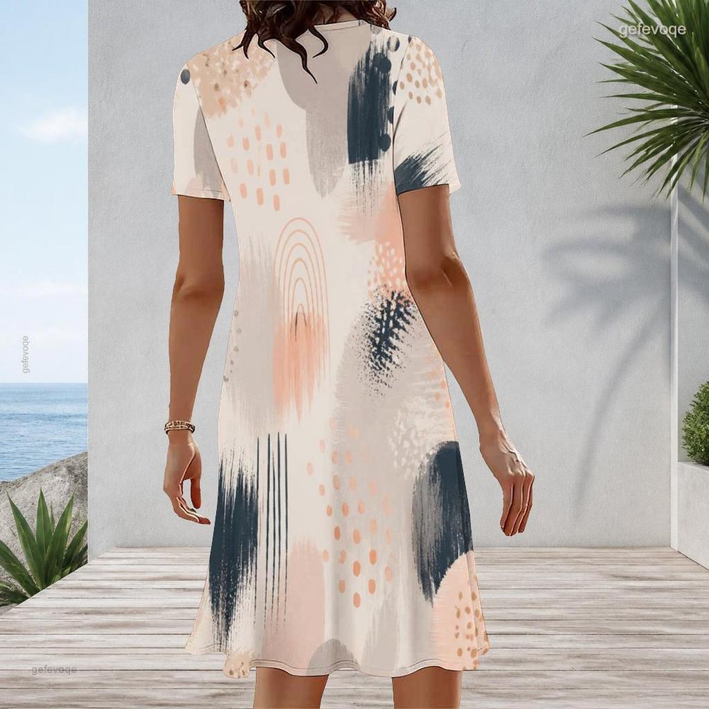 Women Plus Size Round Neck Short Sleeve Printed A Line Dress White Blue Mint