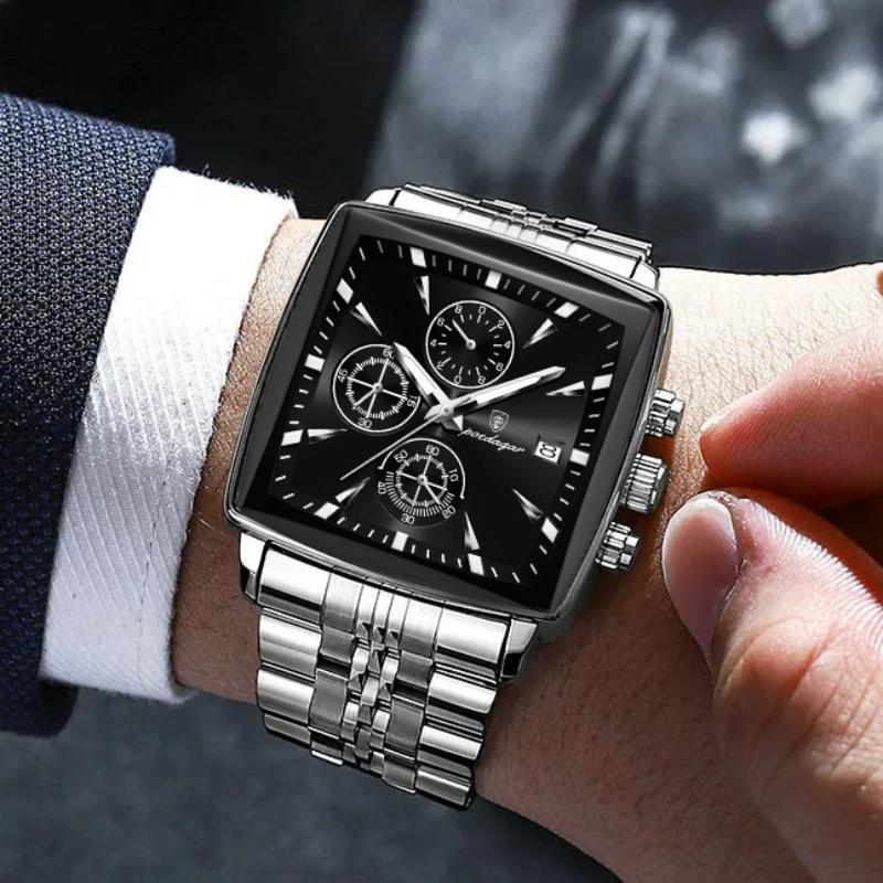 Business Quartz Watch Men Gold White Chronograph Dress Wristwatch with Stainless Steel Band Auto Date Luminous Hands 24-hour