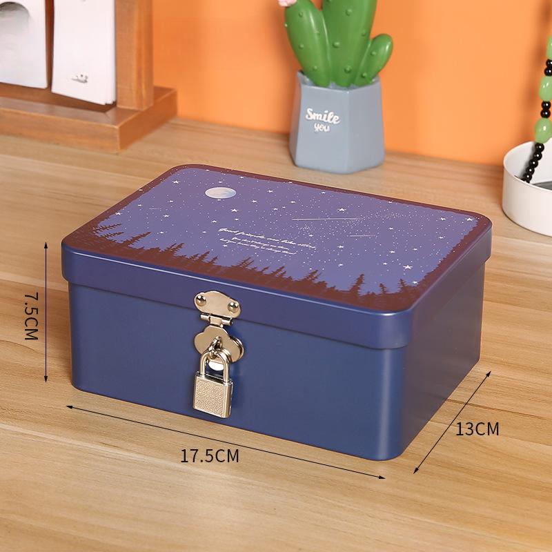 Iron Box with Lock and Key Desktop Storage Box Retro Tinplate Cosmetics ID Storage Household Jewelry Storage Empty Box