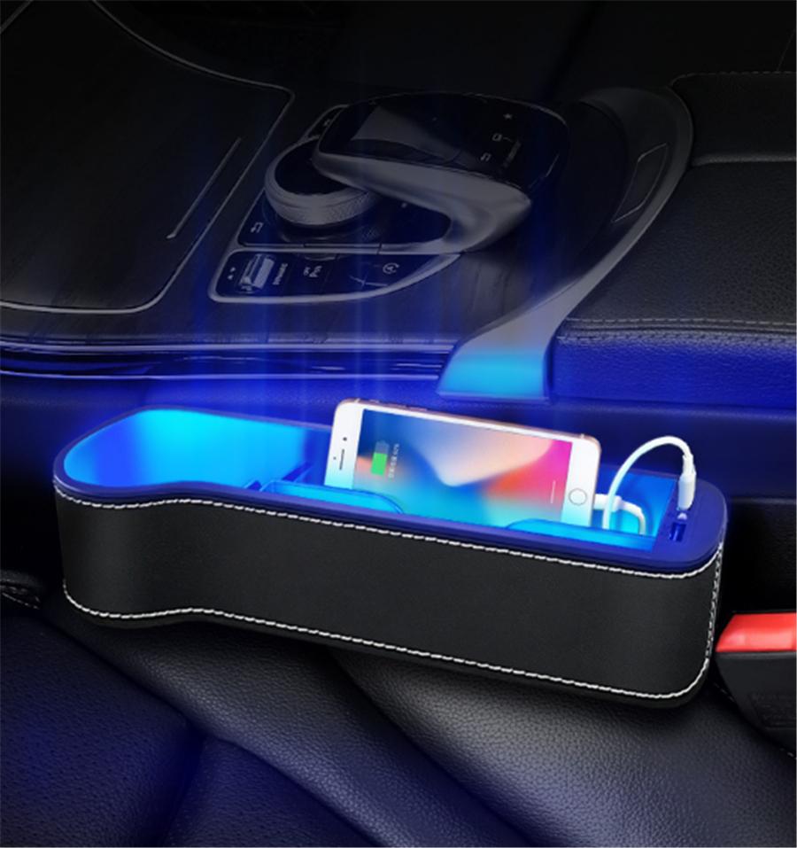 Left Side Seat Crevice Storage Box Dual USB Phone Holder 7 Color Atmosphere Lamp