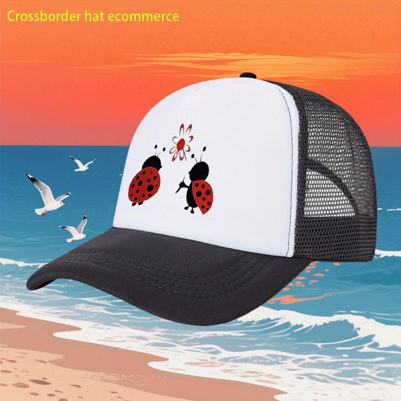 Charming Ladybug Cartoon Mesh Trucker Hat Breathable Polyester Blend Casual Baseball Cap Adjustable Sun Hat