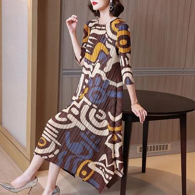 Women Dress Temperament High-end Hit Color Large Size Slim Pleated Dress Autumn New Design Long Sleeve O Neck Dress Tops