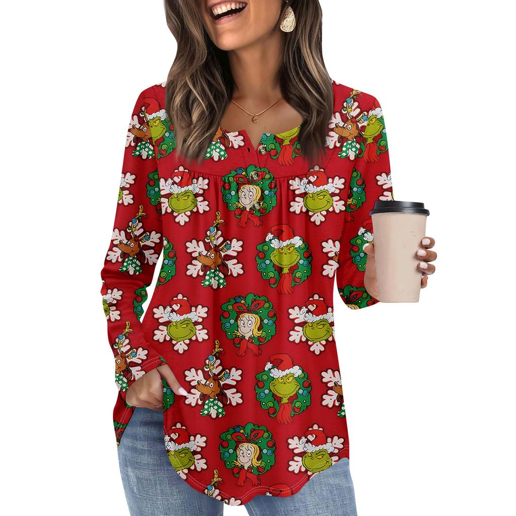 Women's Long Sleeve Tunic Loose Tops Casual Oversized Tops Pleated Tunic Button Down Casual Women's Print Tops