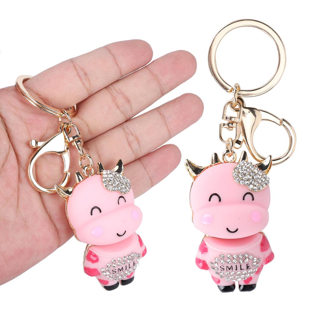 2Pcs Keychain Pendant Cartoon DiamondStudded Resin Small Cow Shape Metal Key   Decoration(White )