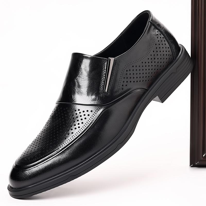 New Men's Cowhide Hollowed Out Business Leather Shoes English Korean Leather Office Breathable Hole Shoes Cool Leather Shoes