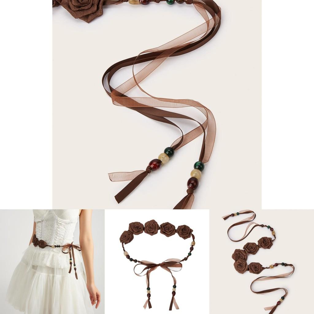 Retro Bohemian Waist Cord With Fabric Flower Embellishment For Dress Styling