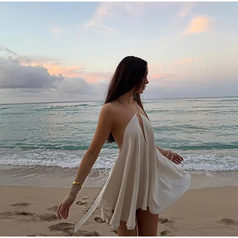 Ladies Sexy Deep V-neck Halter Suspender Dress Loose A-line Dress Skirt Party Dinner