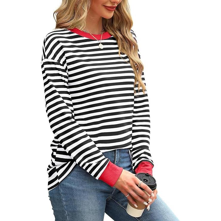 Kadın Altlık Gömlek Sonbahar ve Kış Yeni Moda Kontrast Renkli Bol Yuvarlak Yaka Çizgili Uzun Kollu Üst