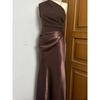 Cross-Border Foreign Trade Europe and America Women Clothes Fashion Sexy Sloping Shoulder Pleated Patchwork Satin Skirt Temperament Formal Dress Dress