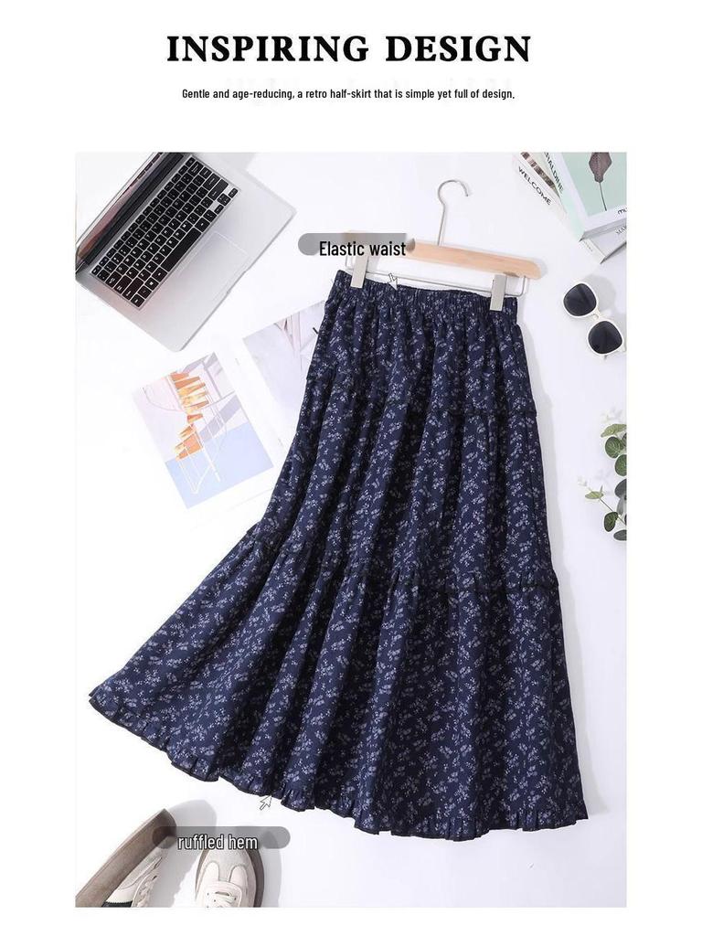 Retro Dark Blue Floral High-Waisted Midi A-line Skirt for Women - Spring 2025 Collection