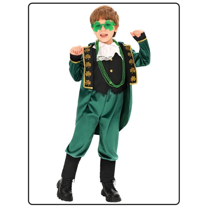 Irish Lucky Shamrock Kids Show Costume Set With Hat Vest Scarf And Pants Cosplay Outfit For Patrick Day Dance