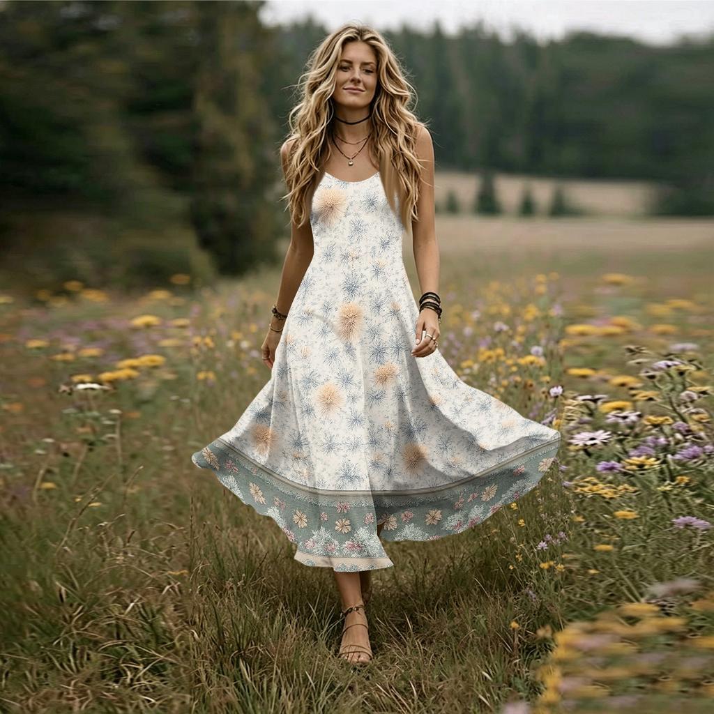 Women’s V Neck Sleeveless Maxi Dress with Adjustable Spaghetti Straps and Floral Print for Summer Beach Wear