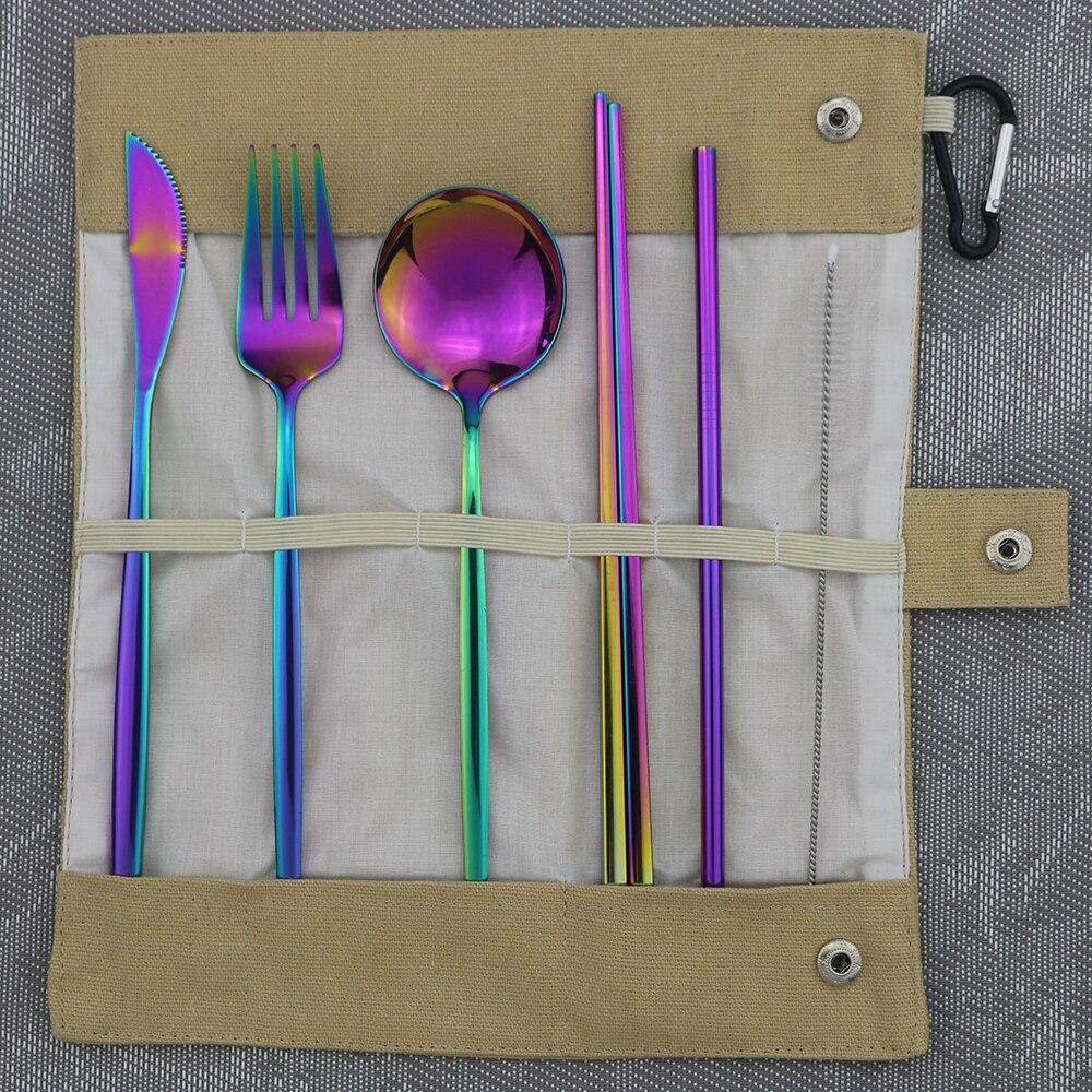 Rose Storage Bag Portable Dinnerware Set Stainless Steel Set Knife Fork Spoon Chopsticks Straw Travel Camping BBQ Dinnerware Set