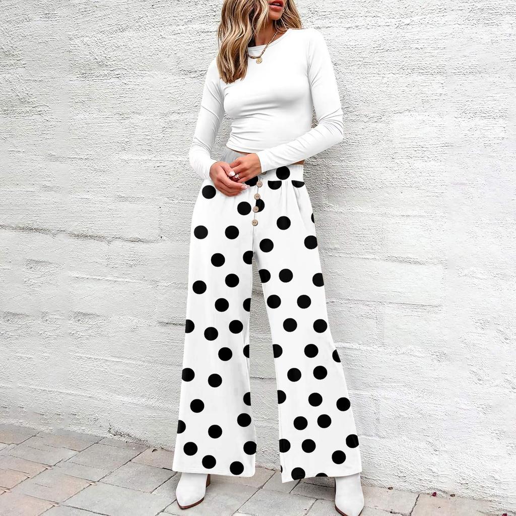 Damen Sommer Locker Weites Bein Hose Elastischer Bund Knopfleiste Vorne Mit Taschen Polka Dot Farbverlauf Druck Lässige Hose