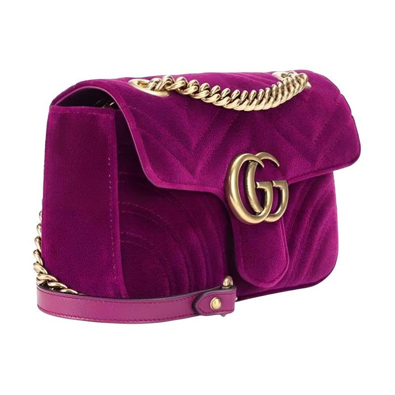 Gucci GG Marmont Marmont Gold Label Logo Trapuntato Catena Velluto Borsa a Tracolla Borsa a Spalla Donna Viola Scuro