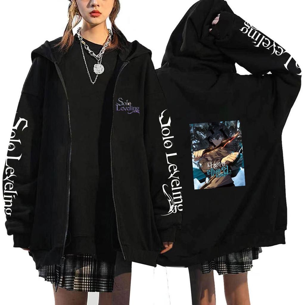 Solo Leveling Harajuku Anime Zipper Hoodies Mens Casual Zipper Coats Cartoon Printed Sweatshirts Hip Hop Hoody Streetwear Hooded Cardigan Tops