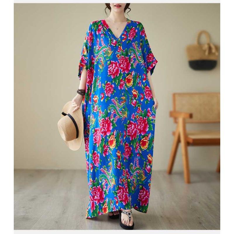 Summer V-neck Cotton Silk Large Size Loose Literary Vacation Style Beach Dresses
