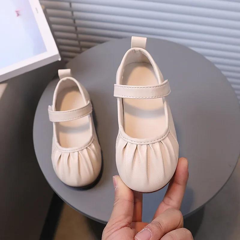 Girls Soft Sweet Princess Dance Shoes for Party Wedding Children's Fashion Pleated Leather Shoes Kids New Chic Solid Color Flats